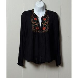 Sfera Casual Womens Black Embroidered Floral Peasant Blouse Boho Tassel Top Sz M